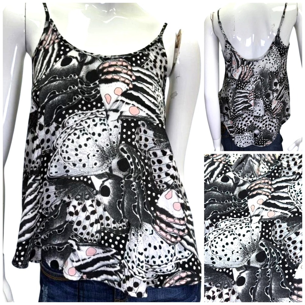 Y2k Black & white butterfly cami L w Pink Monochrome Whimsigoth Fairycore Grunge